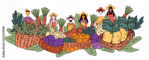 Farmers market fresh produce baskets vegetables colorful people in hats standing behind baskets filled with diverse vegetables and fruits web design template