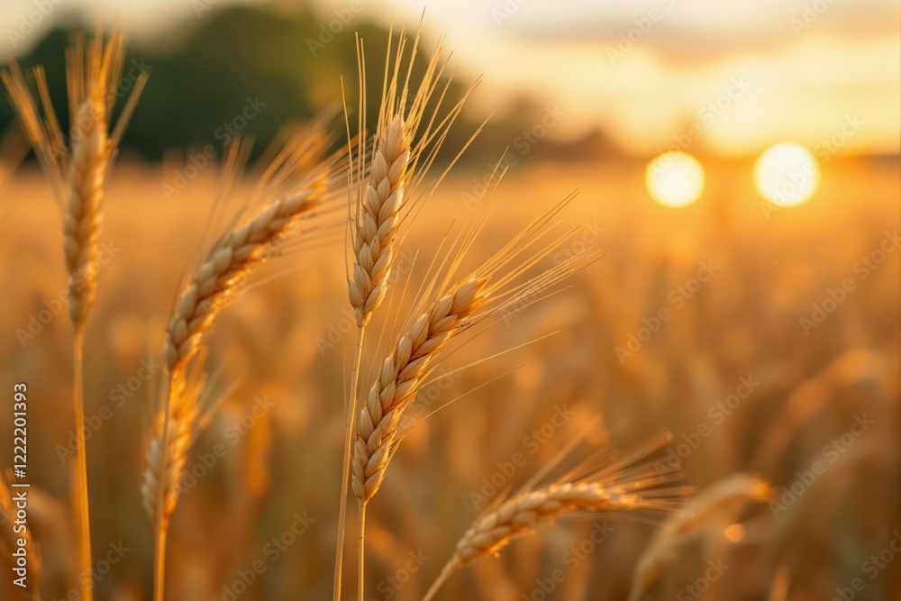 Close-up of golden wheat ears in a sunlit field during sunset. Close-up of golden wheat ears in a sunlit field during sunset.