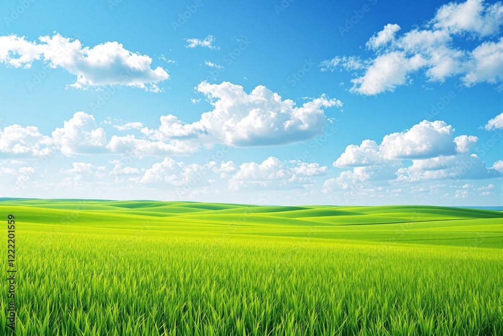 Lush green field under a vibrant blue sky with fluffy white clouds, creating a serene and picturesque landscape. Lush green field under a vibrant blue sky with fluffy white clouds, creating a serene and picturesque landscape.