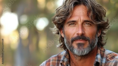 Portrait of a Handsome Mature Man with Long Graying Hair and Beard
