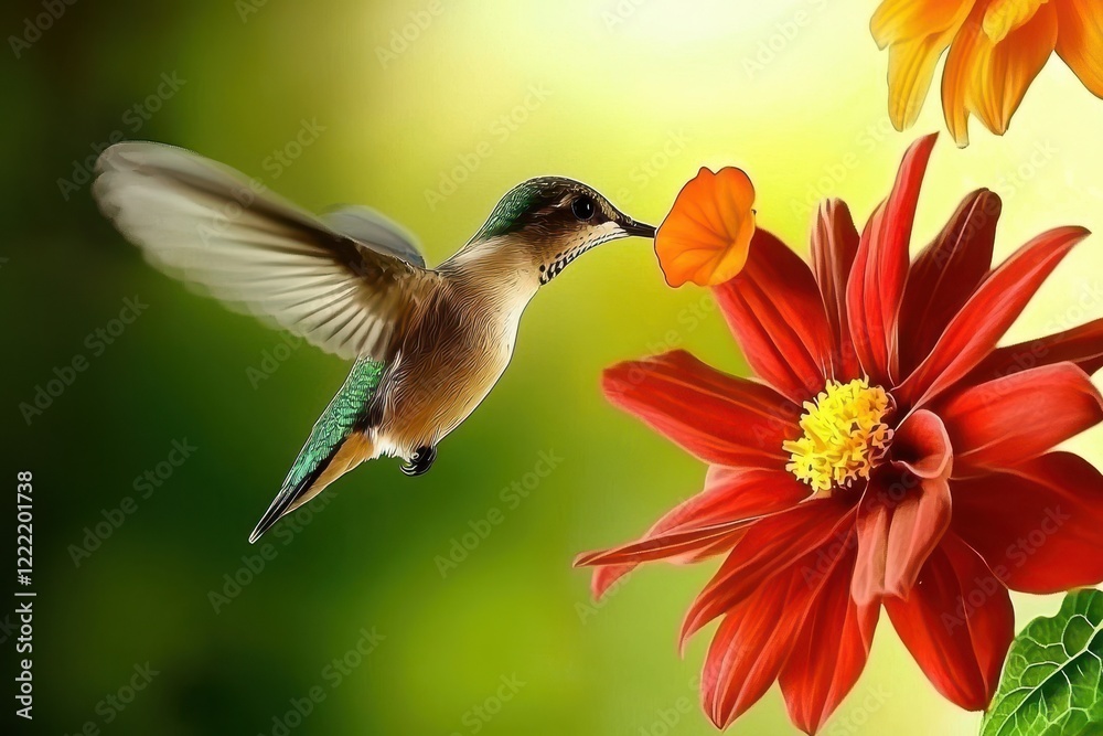 Fototapeta premium Hummingbird in Flight A hummingbird mid-flight, sipping nectar from a vibrant red flower.
