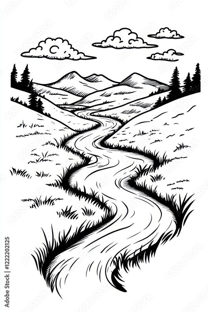 Fototapeta premium A black and white line drawing of a winding river flowing through a valley with mountains in the background.