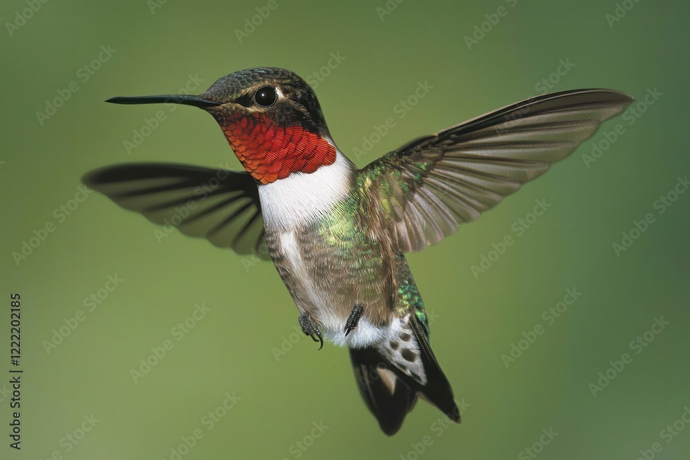 Fototapeta premium Hummingbird in Flight A hummingbird mid-flight, sipping nectar from a vibrant red flower. 