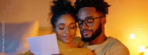 Romantic Couple Embracing While Reading a Card in Cozy Interior with Warm Light and Soft Decor