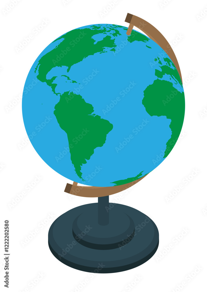 Isometric school globe on stand. Studying geography at school. Planet earth model for training. Aerial view 3D vector isolated on white background Isometric school globe on stand. Studying geography at school. Planet earth model for training. Aerial view 3D vector isolated on white background