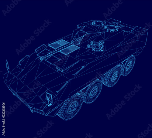 Blue drawing of a tank outline. The tank is shown in a 3D format, with a focus on its wheels and the front of the vehicle. Concept of strength and power