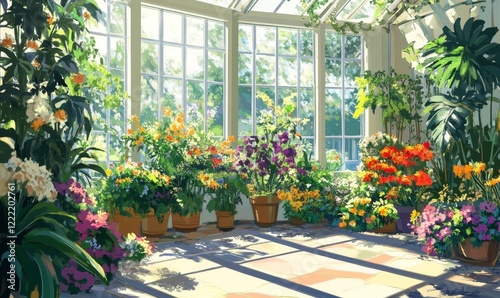 Sunlit Greenhouse Interior with Lush Potted Plants and Vibrant Flowers in Bloom, Generative AI