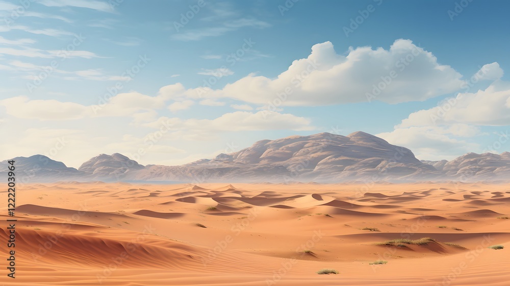 Naklejka premium Sweeping panoramic view of a vast arid desert landscape with sculpted undulating sand dunes stretching out to the distant horizon