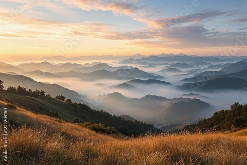 Scenic view of golden grass with misty mountain layers at sunrise, under a colorful sky.