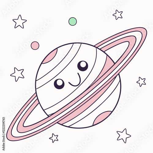 Cute Cartoon Planet Saturn with Rings and Stars