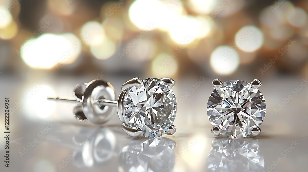 A pair of diamond earrings are displayed on a table