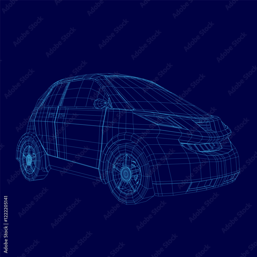 Naklejka premium Blue car is shown in a 3D rendering. The car is a small, compact vehicle with a sleek design. The blue color of the car gives it a modern and sophisticated appearance