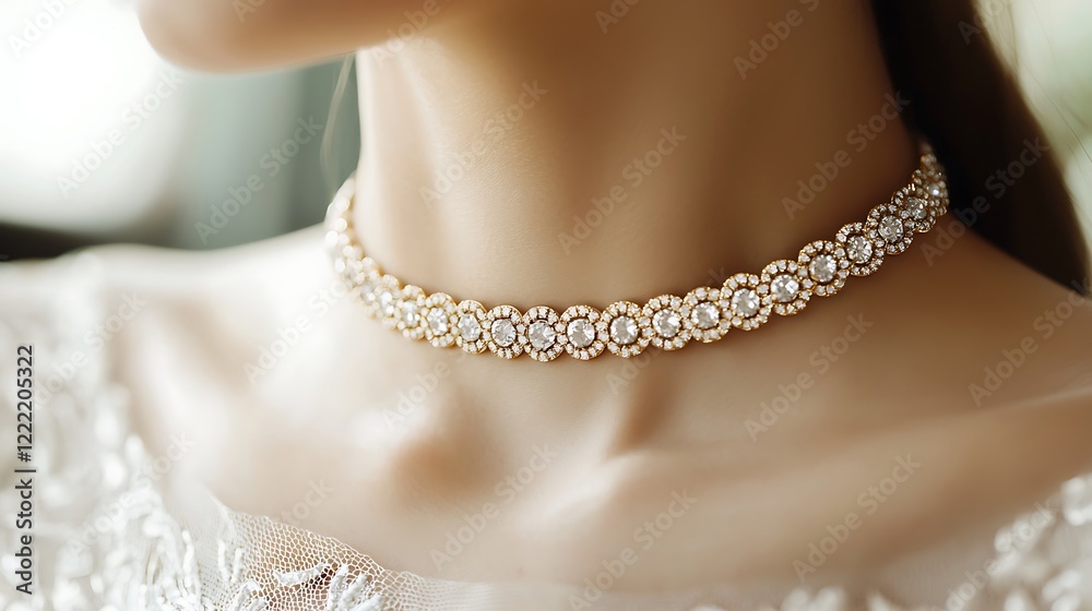 A woman wearing a gold and diamond necklace A woman wearing a gold and diamond necklace