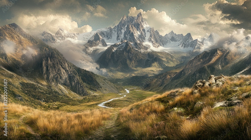 Obraz premium Majestic Alpine Panorama: A Serene Mountain Valley