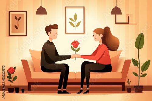 Romantic Couple in Cozy Living Room Exchanging Flowers in Warm Color Palette with Indoor Plants and Artwork photo