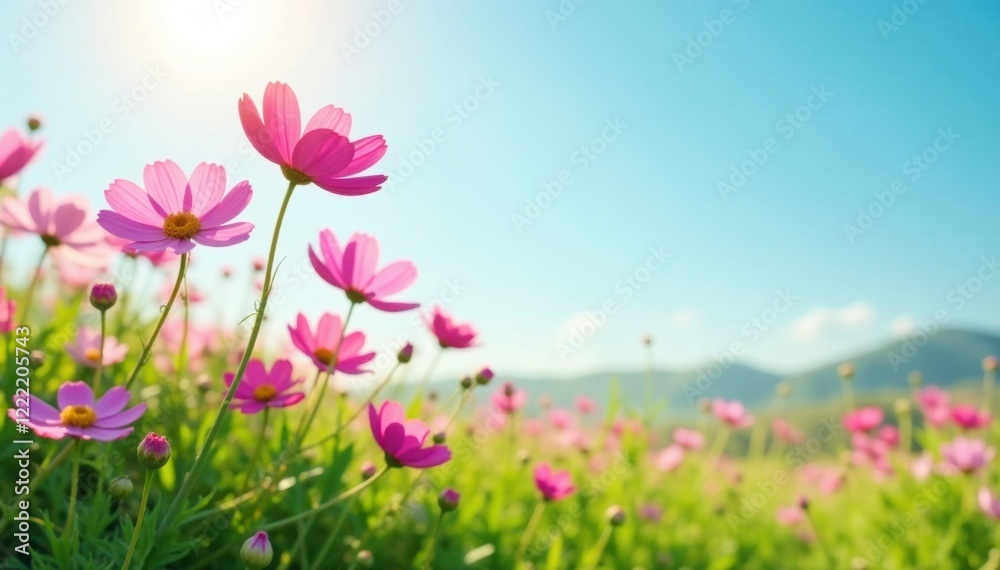 Pink cosmos flowers sway gently in the soft morning light against a serene blue sky and lush green grass, lush green grass, floral arrangement Pink cosmos flowers sway gently in the soft morning light against a serene blue sky and lush green grass, lush green grass, floral arrangement