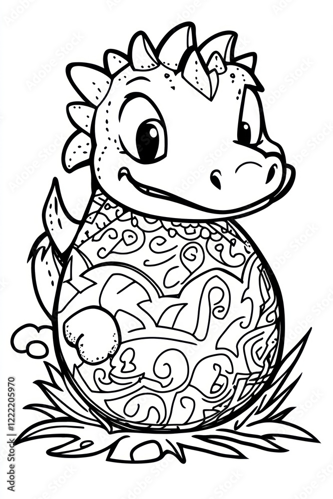 Fototapeta premium A cute cartoon baby dragon hatching from an egg with a patterned shell and a big smile.