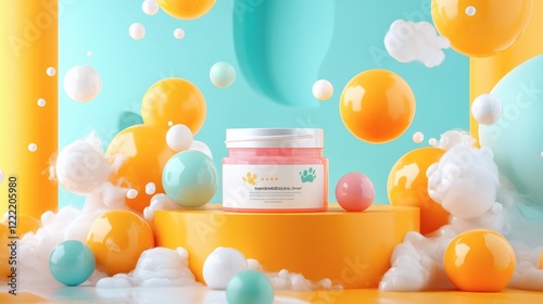 A creative and colorful display of pet facial cream, highlighting the product's innovative and playful branding.