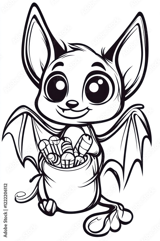 Obraz premium A cute cartoon bat with big eyes, holding a sack of candy.