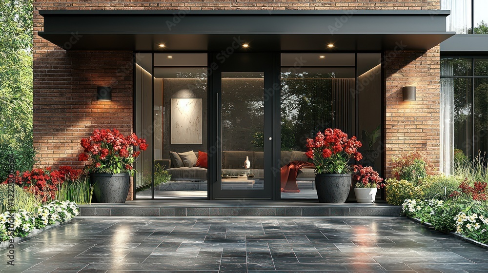 Fototapeta premium Modern Home Entrance with Red Flowers and Glass Doors