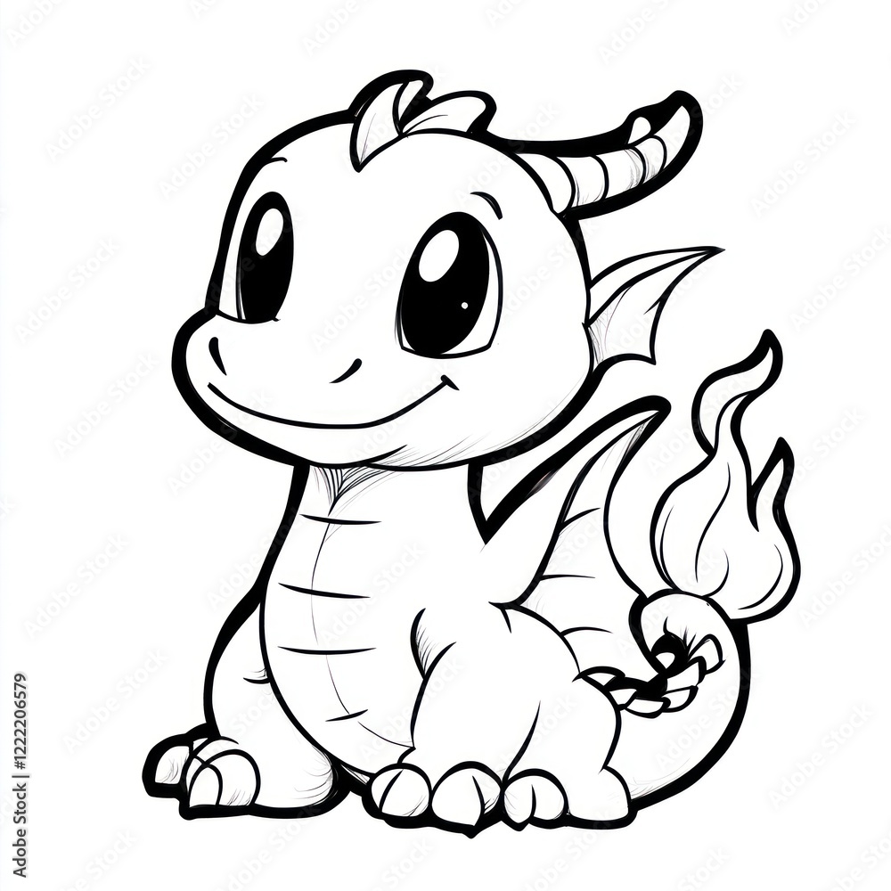 Obraz premium A cute cartoon dragon with big eyes and a small tail flame sits happily.