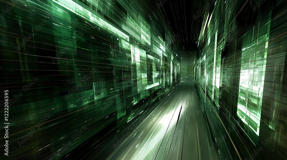 Obraz premium Abstract Green Digital Corridor Futuristic Technology Data Stream Background