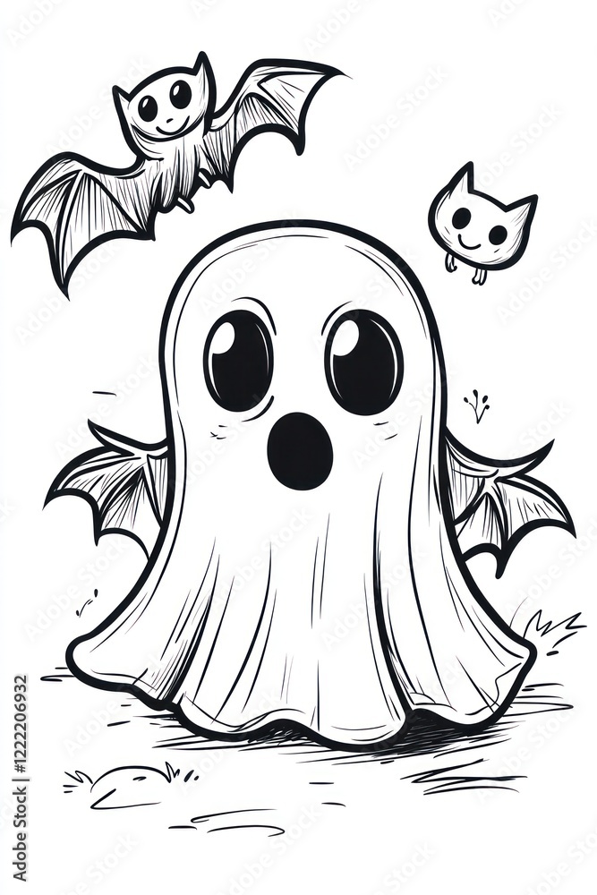 Obraz premium A cute cartoon ghost with a surprised expression, flying bats and a cat in the background.
