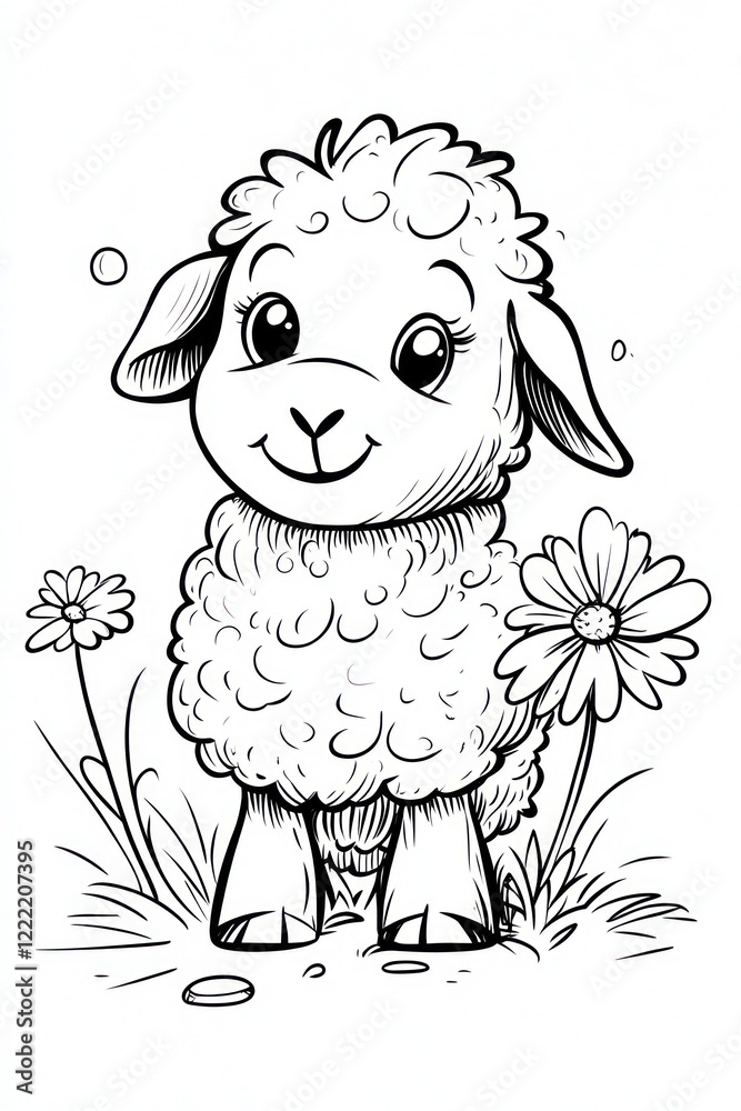 Obraz premium A cute cartoon lamb with big eyes, a fluffy body, and a happy smile stands amongst two flowers.