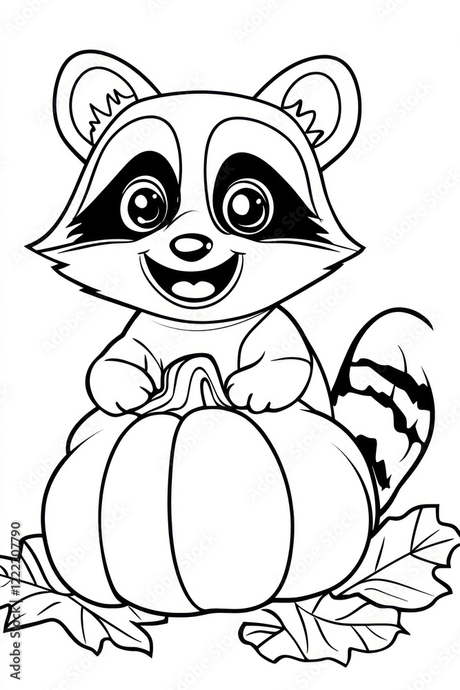 Obraz premium A cute cartoon raccoon sitting on a pumpkin with leaves.