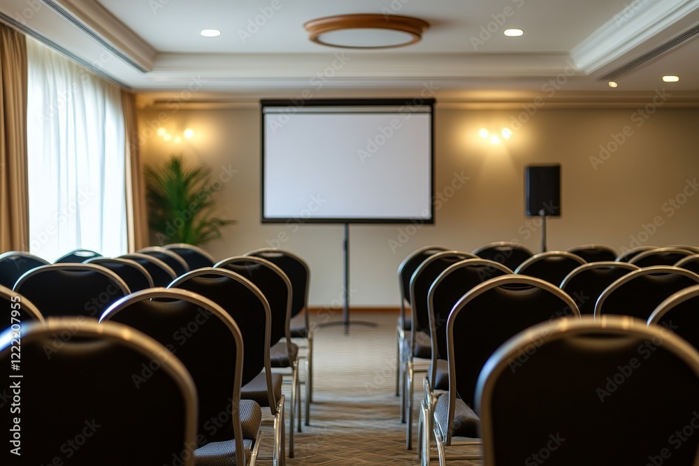 Modern Conference Room Setup: Empty Chairs & Projector Screen Modern Conference Room Setup: Empty Chairs & Projector Screen