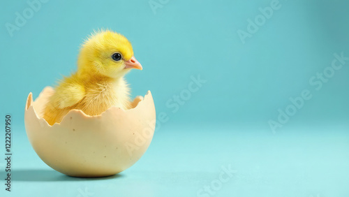 Easter card template with cute yellow chick sitting in eggshell on blue background with space for text and greetings. Advertising layout for Easter promotion photo