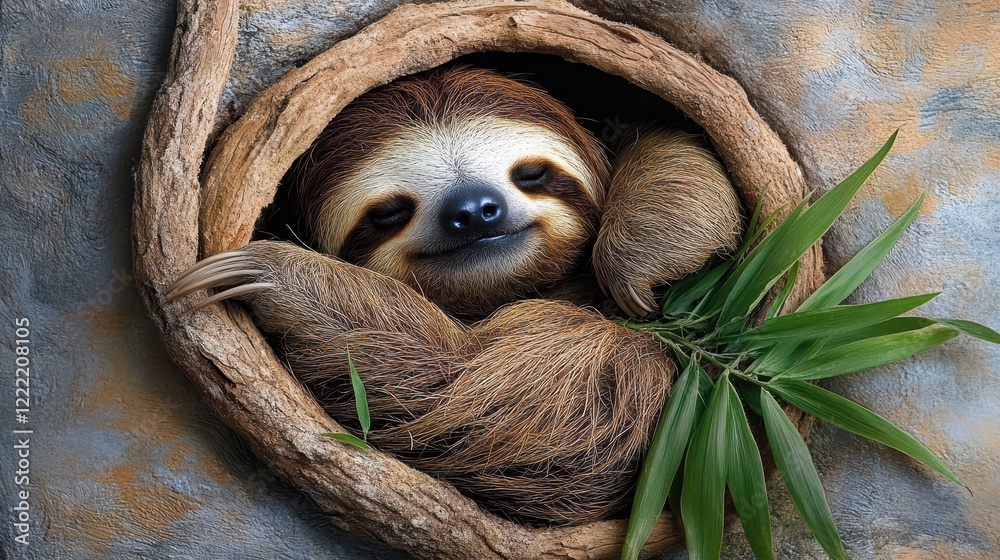 Fototapeta premium Cozy sloth curled up in ball, resting peacefully in tree hollow