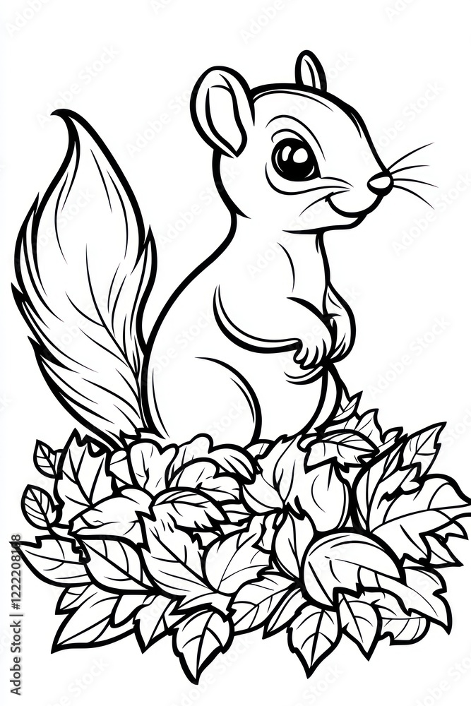 A cute cartoon squirrel with big eyes and a bushy tail standing on a pile of leaves. A cute cartoon squirrel with big eyes and a bushy tail standing on a pile of leaves.