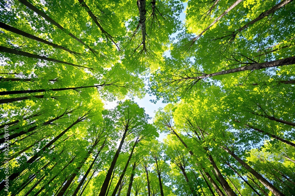 Lush green tree canopy viewed from below against a sunny blue sky. Lush green tree canopy viewed from below against a sunny blue sky.