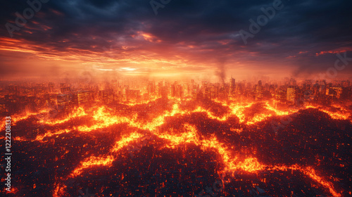 Post-apocalyptic cityscape with destroyed buildings, burning rubble, and polluted environment symbolizing chaos, devastation, and civilization’s collapse in a dystopian world with modern blurred tones
