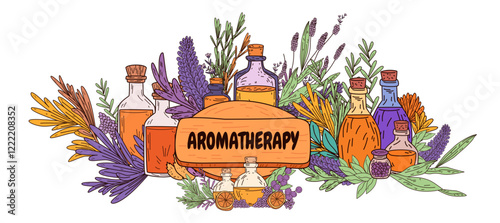 Aromatherapy essential oils herbal bottles nature plants colorful leaves lavender orange purple green decorative design
