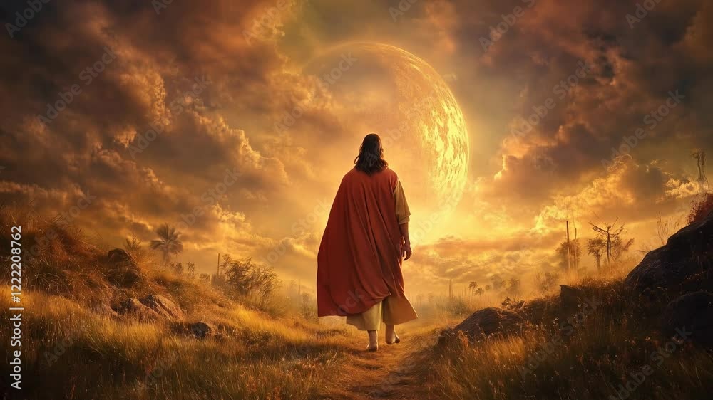 The Christ walks along a winding path towards a stunning sunset, surrounded by lush greenery and majestic mountains. The sky is painted with warm hues.