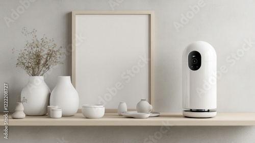 Wallpaper Mural White smart home device on wooden shelf with minimalist decor. Torontodigital.ca