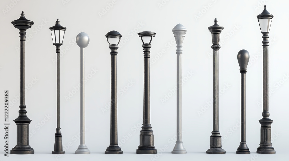 3d metal steel pole. Iron column pipe or post sign vector. Aluminium pillar for billboard advertising construction with circle base. Silver street signpost stick mockup concept. Streetlamp holder set