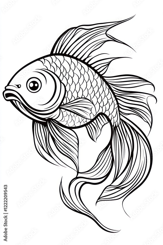 A detailed line drawing of a fish with flowing fins. A detailed line drawing of a fish with flowing fins.