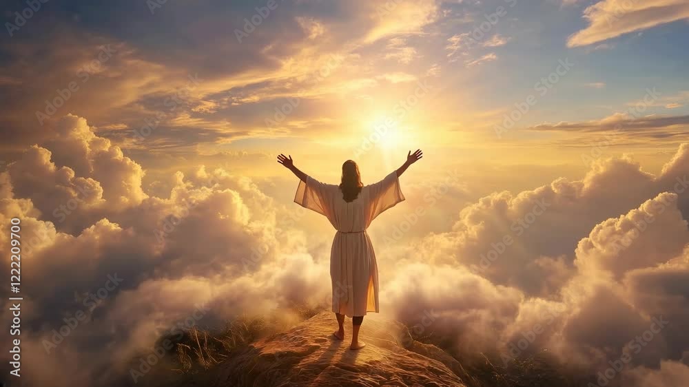 The Christ is illuminated by a brilliant light, standing with outstretched arms in a landscape filled with swirling clouds and majestic mountains. This powerful presence evokes a sense of awe. The Christ is illuminated by a brilliant light, standing with outstretched arms in a landscape filled with swirling clouds and majestic mountains. This powerful presence evokes a sense of awe.