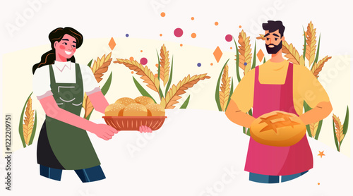 Bakers holding bread and wheat field. Smiling man and woman in aprons with fresh bread surrounded by wheat plants and colorful shapes