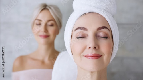 Relaxed women enjoying beauty treatments in a serene spa environment with towels and soft lighting