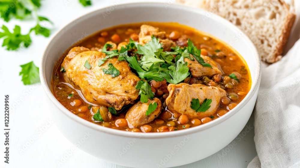 Hearty Chicken and Lentil Stew with Chickpeas in a Rustic Bowl Hearty Chicken and Lentil Stew with Chickpeas in a Rustic Bowl