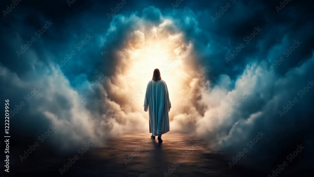 Jesus Christ walks slowly through thick clouds towards a brilliant light. This scene invokes feelings of awe and wonder in a celestial environment. Jesus Christ walks slowly through thick clouds towards a brilliant light. This scene invokes feelings of awe and wonder in a celestial environment.
