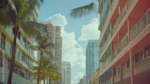 Street in Miami with buildings, hotels, road and palm trees. Vector cartoon tropical landscape with buildings in resort city. Summer cityscape with vintage motel, restaurant and modern skyscrapers