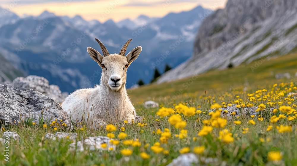 Fototapeta premium serene ibex resting among vibrant wildflowers in mountainous landscape