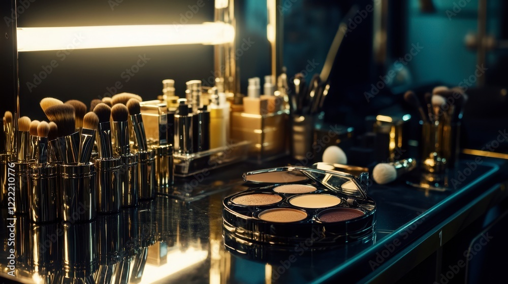 A luxurious makeup station with brushes, powders, and beauty products neatly arranged under ambient lighting. A luxurious makeup station with brushes, powders, and beauty products neatly arranged under ambient lighting.