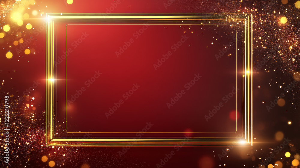 Obraz premium Sparkling golden frame isolated on red gradient background. Vector realistic illustration of shiny rectangular border with magic light and shimmering particles, game ui or banner design element
