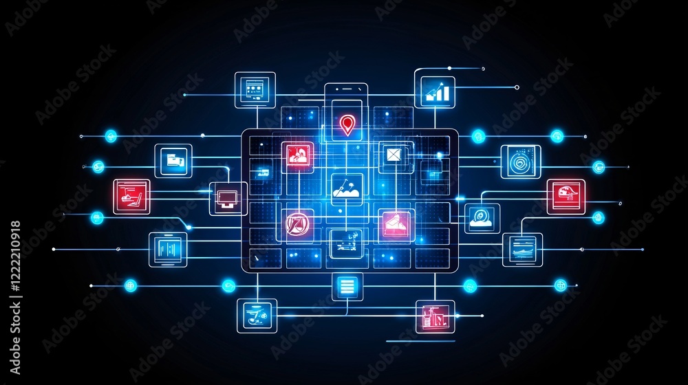 Global Network System Interconnected Digital Devices and Data Flow Visualization Global Network System Interconnected Digital Devices and Data Flow Visualization